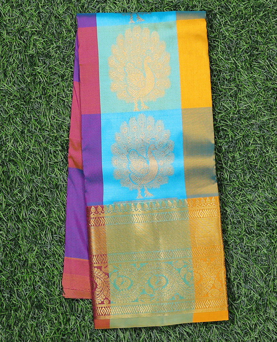 Multi-color checked & zari buttas navarathna pavadai material, contrast blouse & border of traditional zari designs