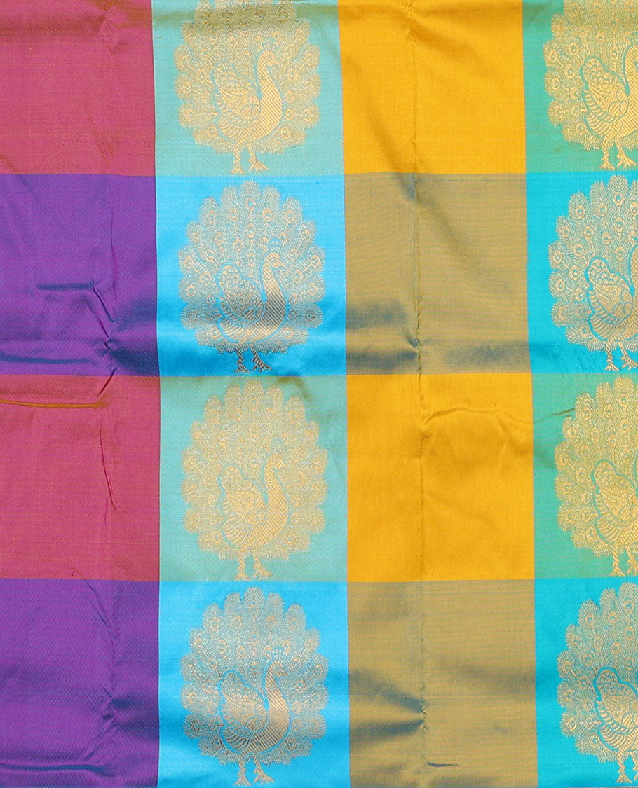 Multi-color checked & zari buttas navarathna pavadai material, contrast blouse & border of traditional zari designs