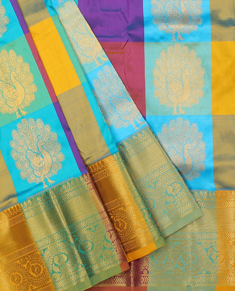 Multi-color checked & zari buttas navarathna pavadai material, contrast blouse & border of traditional zari designs