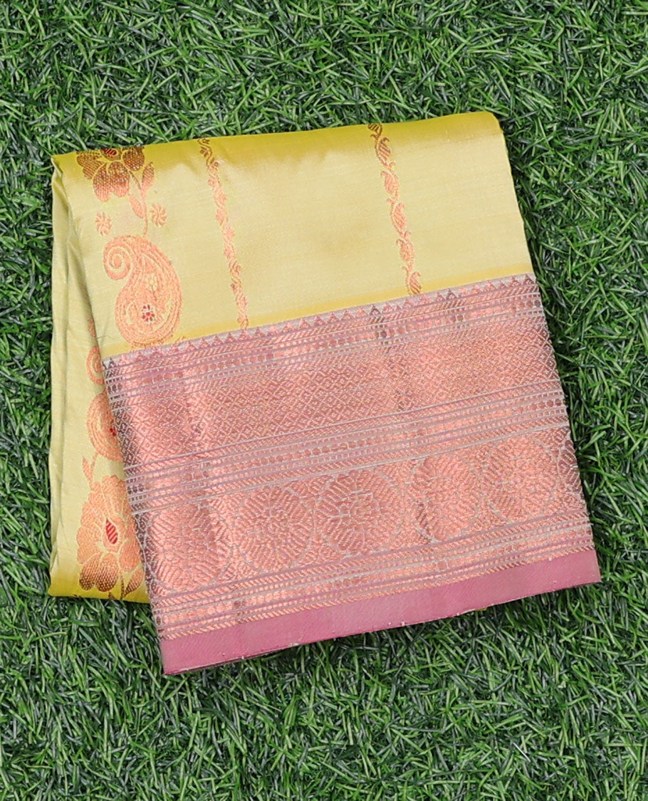 Yellow zari designs navarathna pavadai material, contrast blouse & traditional zari design border