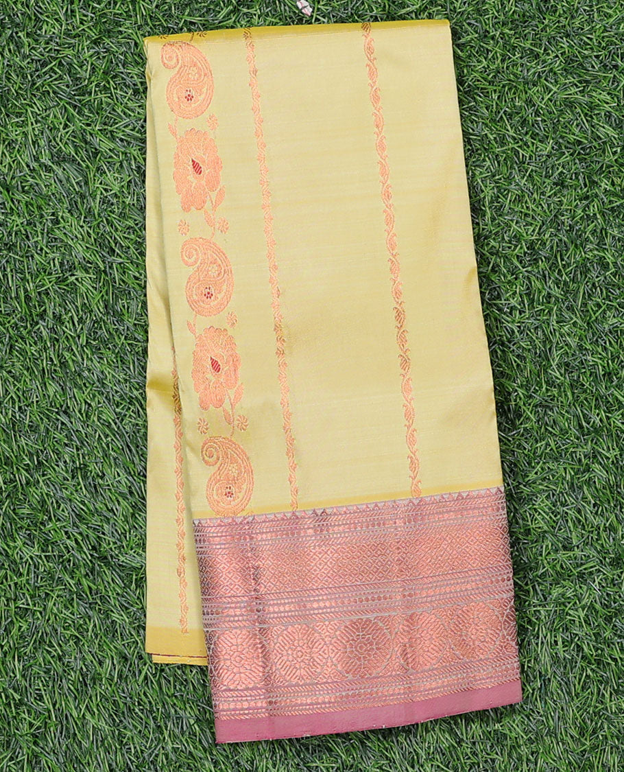 Yellow zari designs navarathna pavadai material, contrast blouse & traditional zari design border