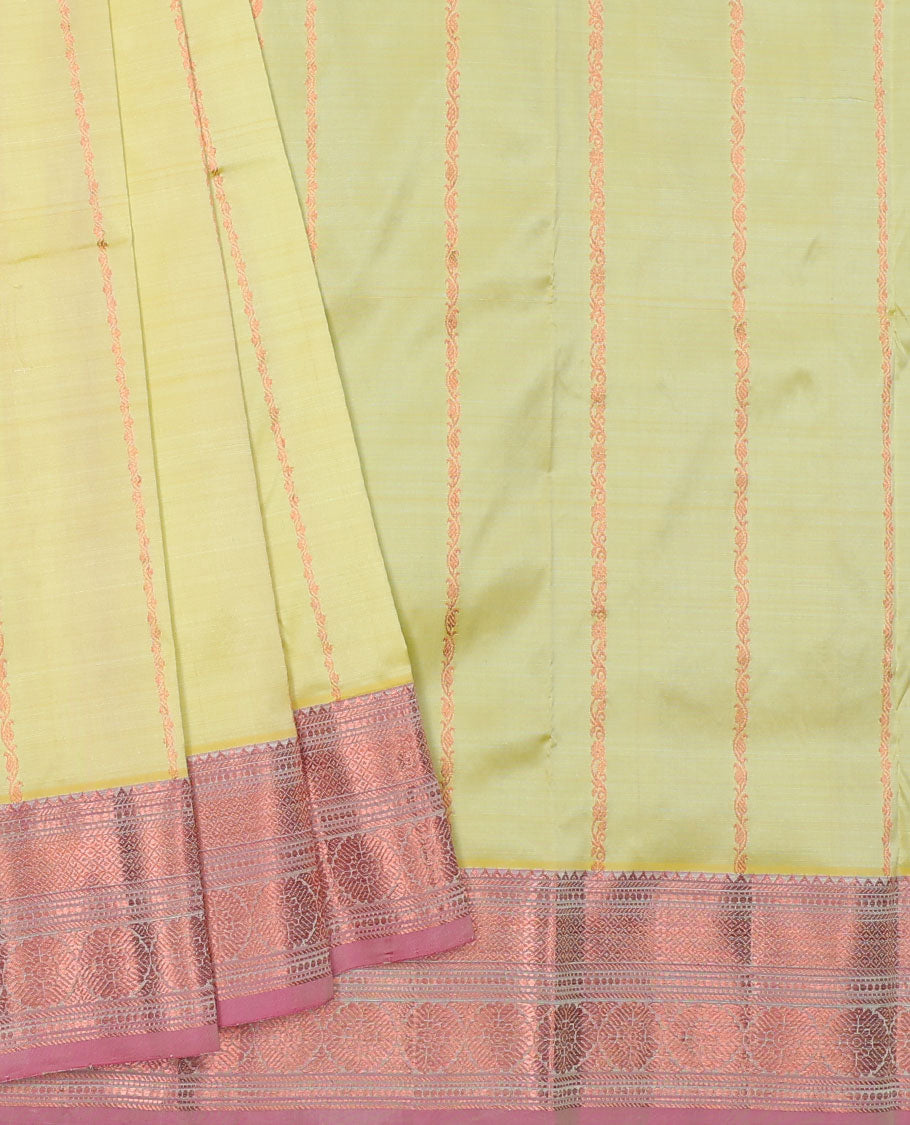 Yellow zari designs navarathna pavadai material, contrast blouse & traditional zari design border