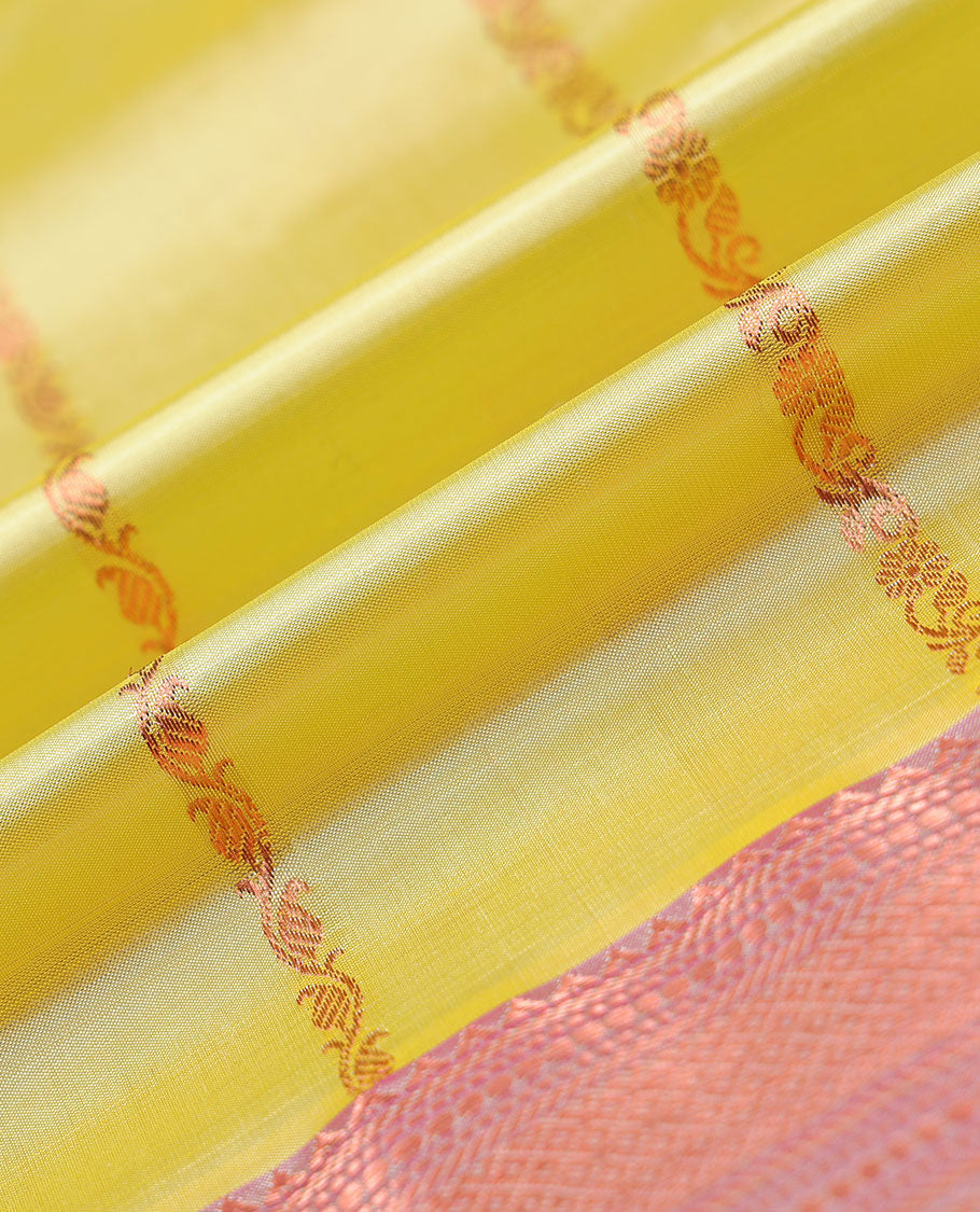 Yellow zari designs navarathna pavadai material, contrast blouse & traditional zari design border