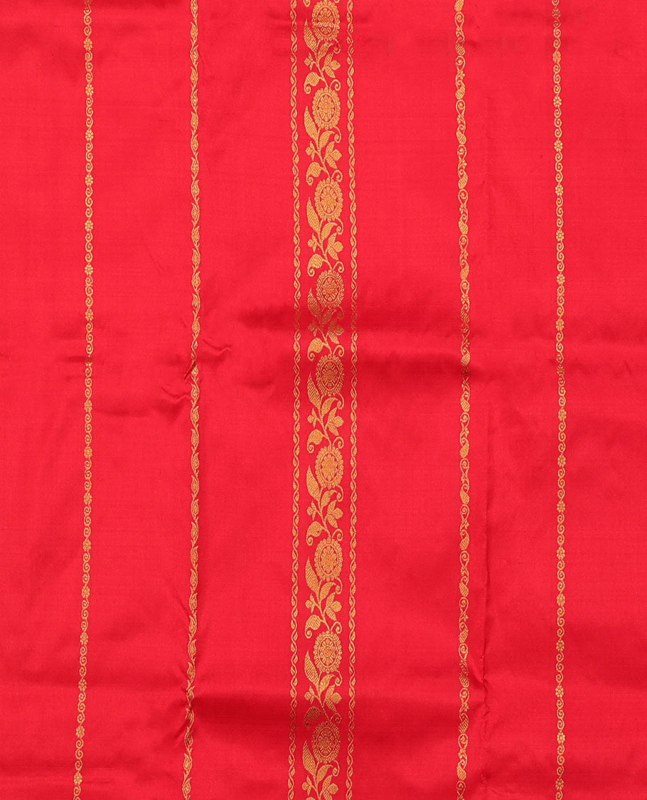 Red zari designs navarathna pavadai material, contrast blouse & traditional zari design border