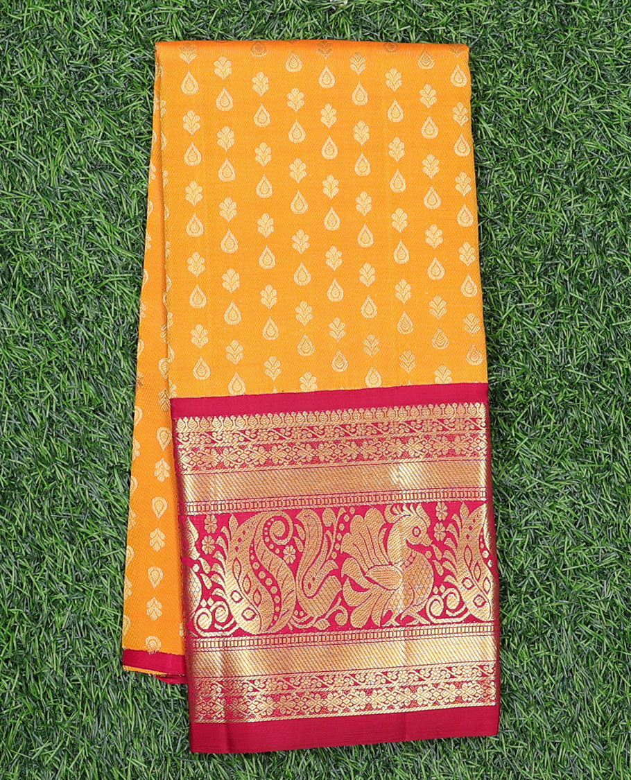 Orange zari buttas navarathna pavadai material, contrast blouse & traditional zari design border