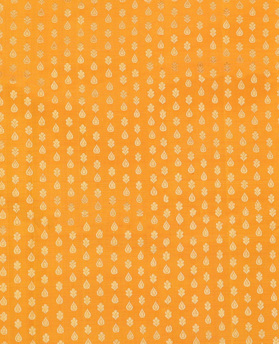 Orange zari buttas navarathna pavadai material, contrast blouse & traditional zari design border