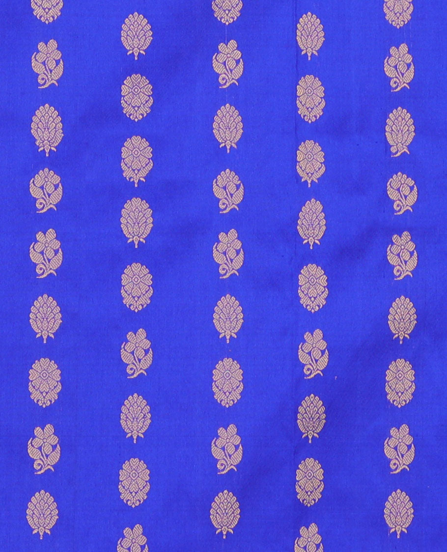 Blue zari buttas navarathna pavadai material, contrast blouse & traditional zari design border