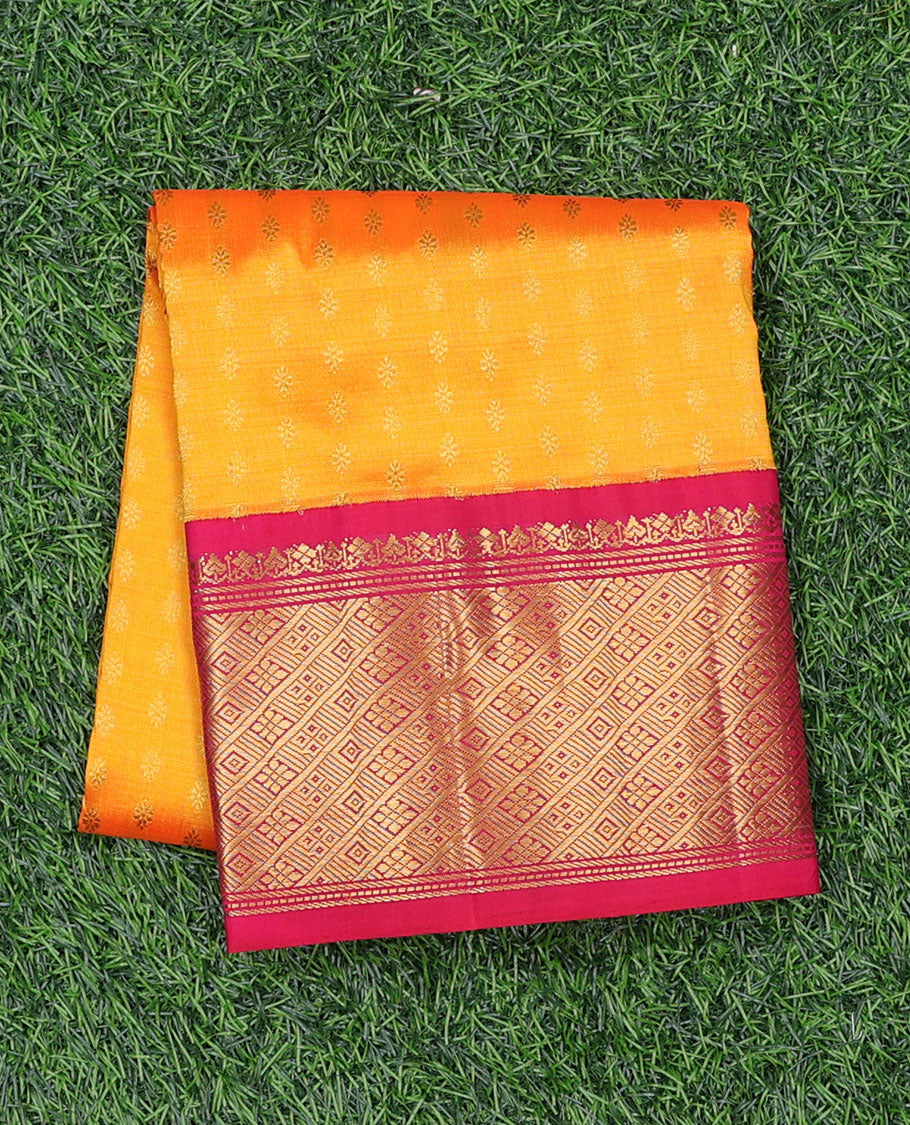 Orange zari buttas navarathna pavadai material, contrast blouse & traditional zari design border