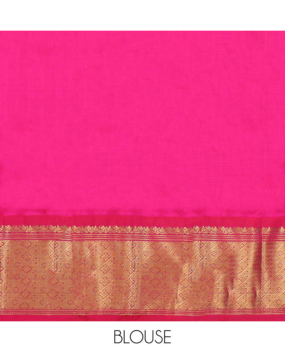 Orange zari buttas navarathna pavadai material, contrast blouse & traditional zari design border