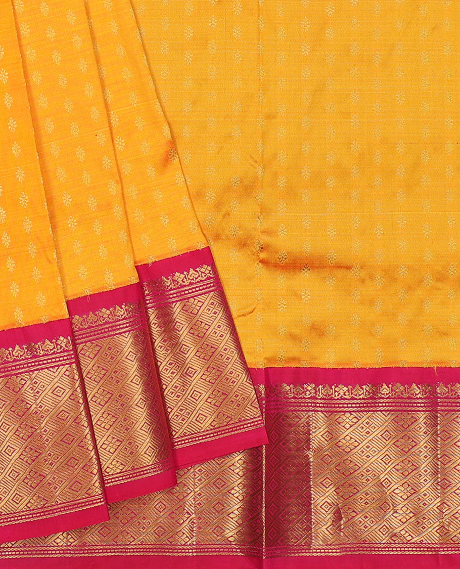 Orange zari buttas navarathna pavadai material, contrast blouse & traditional zari design border
