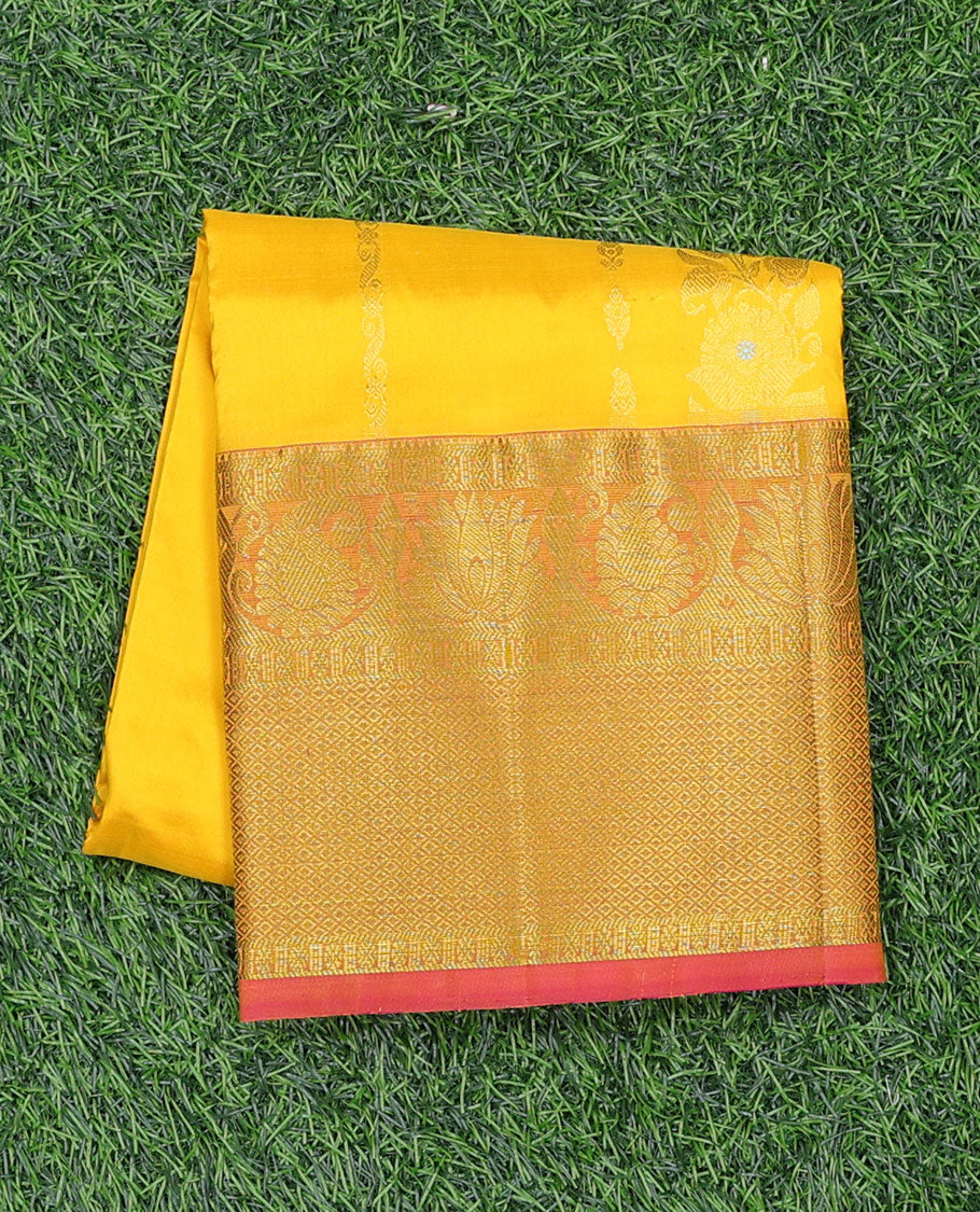Yellow zari designs navarathna pavadai material, contrast blouse & traditional zari design border