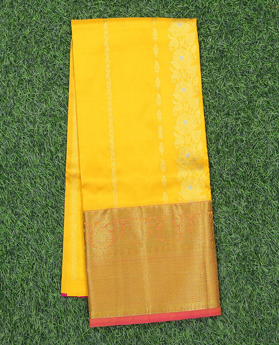 Yellow zari designs navarathna pavadai material, contrast blouse & traditional zari design border