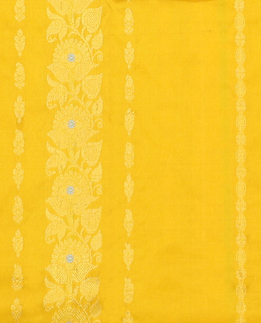 Yellow zari designs navarathna pavadai material, contrast blouse & traditional zari design border