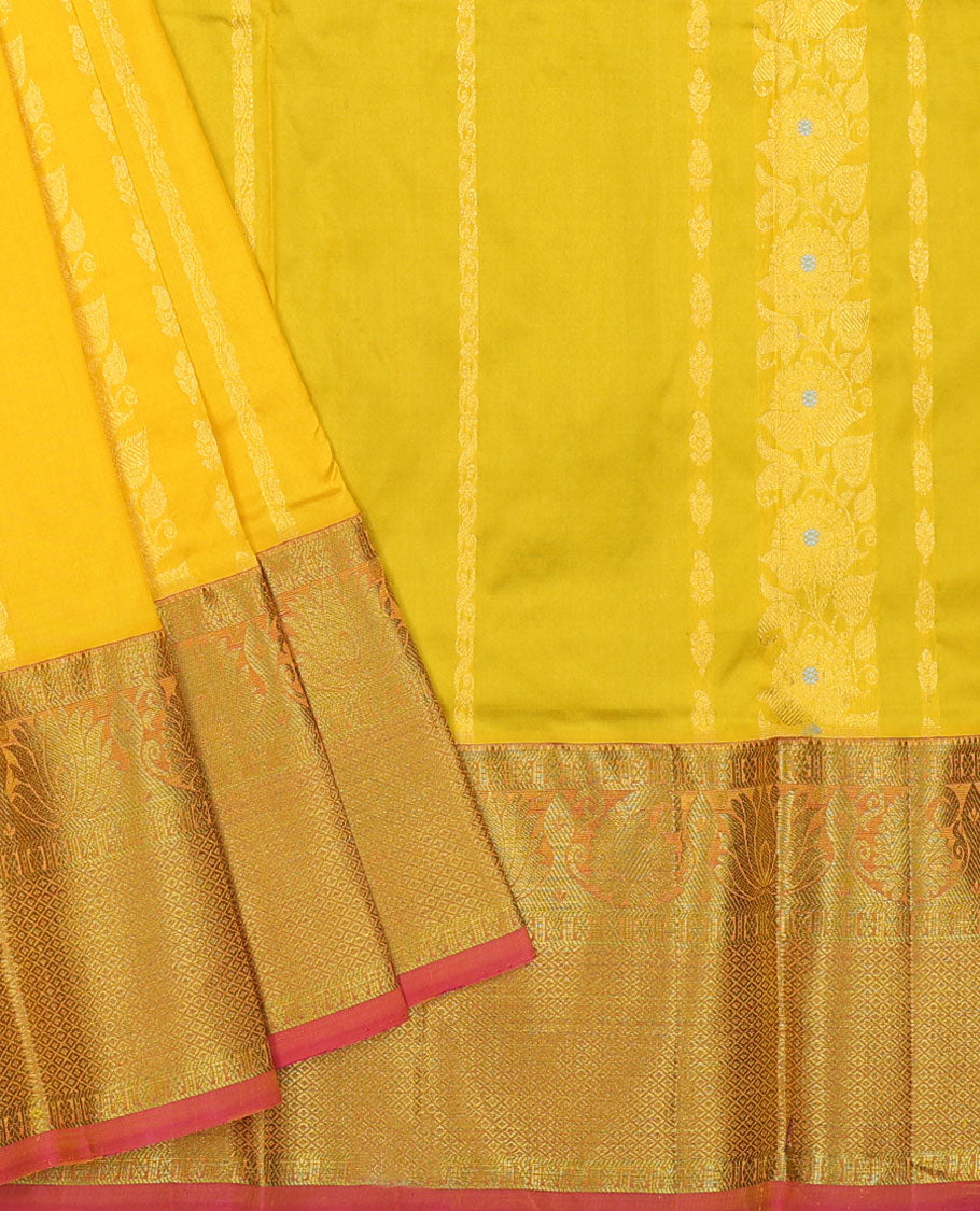 Yellow zari designs navarathna pavadai material, contrast blouse & traditional zari design border