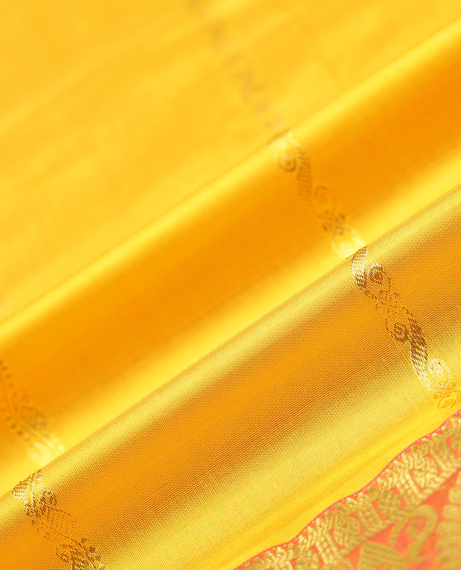 Yellow zari designs navarathna pavadai material, contrast blouse & traditional zari design border