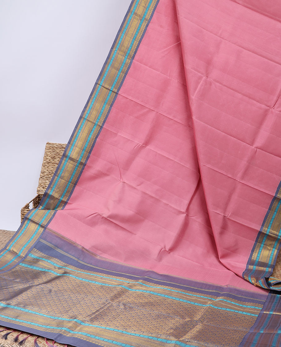 Pink Kanchipuram silksaree,contrast intricate pallu & korvai border of vanki manga,muthu,kathir,mayil,lavangam,kuyil kan