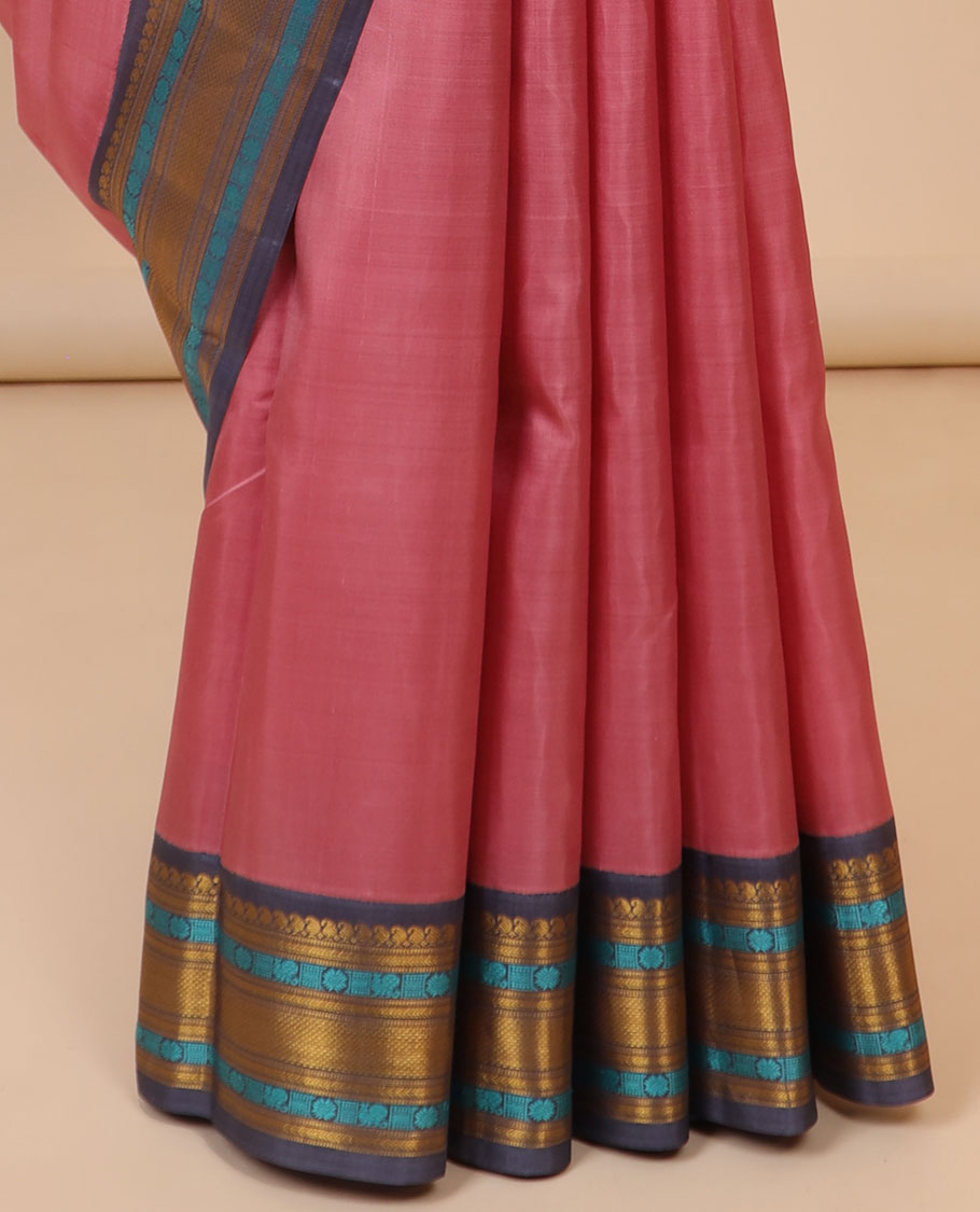 Pink Kanchipuram silksaree,contrast intricate pallu & korvai border of vanki manga,muthu,kathir,mayil,lavangam,kuyil kan