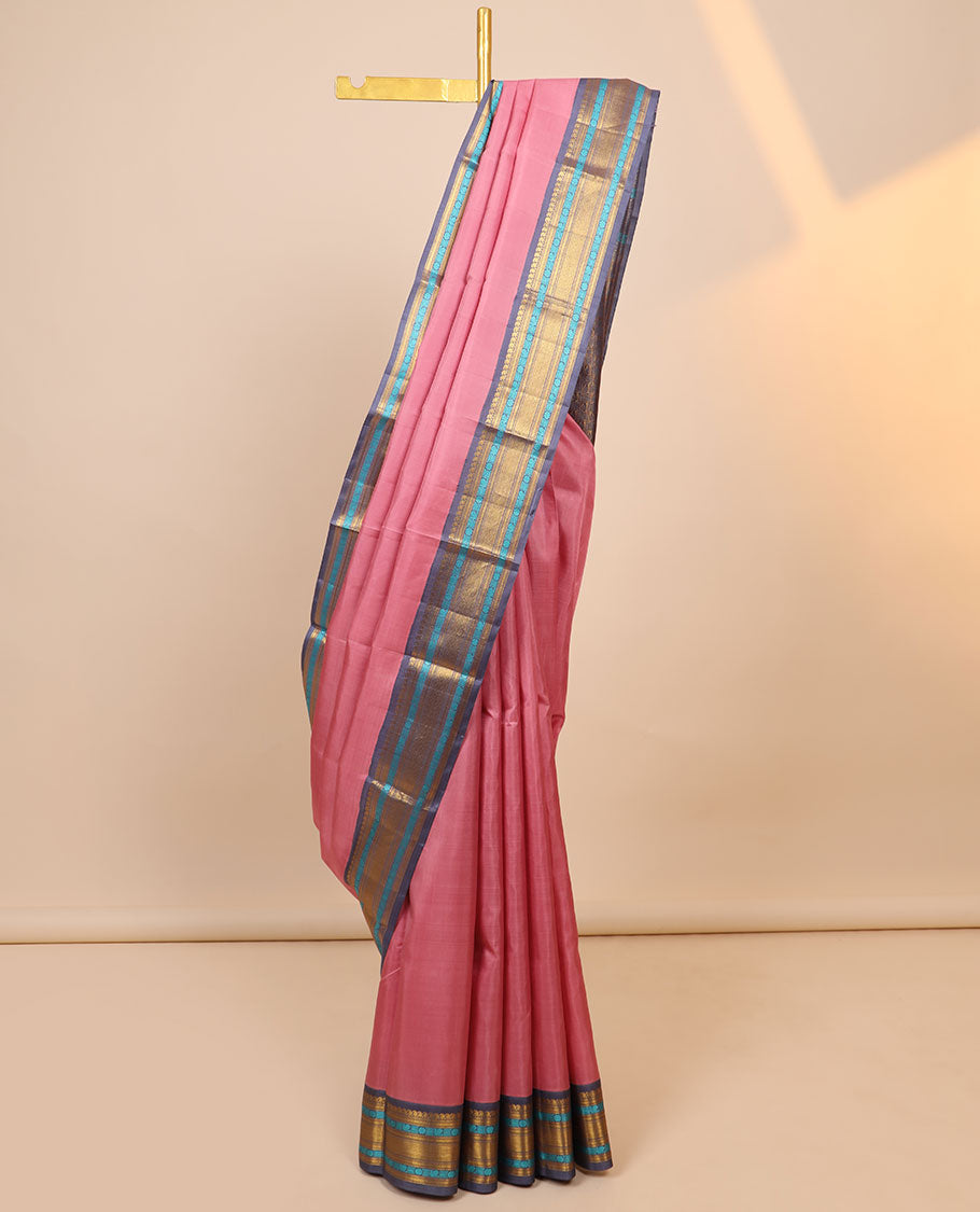 Pink Kanchipuram silksaree,contrast intricate pallu & korvai border of vanki manga,muthu,kathir,mayil,lavangam,kuyil kan