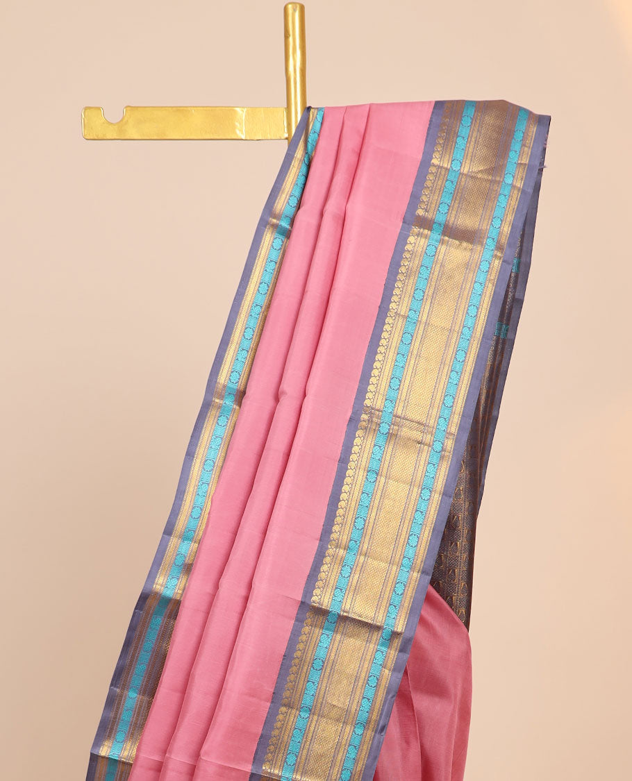 Pink Kanchipuram silksaree,contrast intricate pallu & korvai border of vanki manga,muthu,kathir,mayil,lavangam,kuyil kan