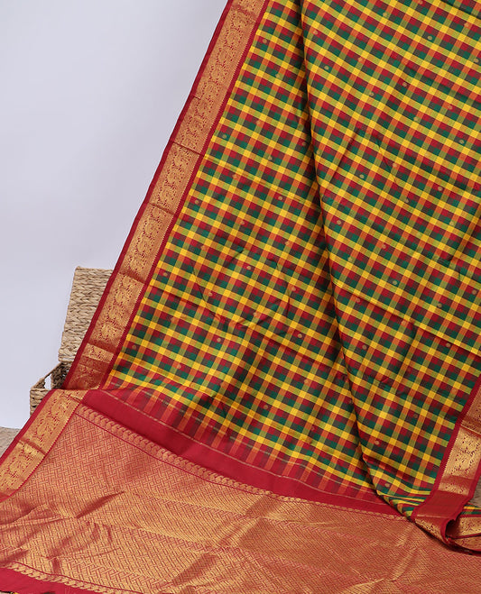 Multi-color checked & butta Kanchipuram silksaree,contrast korvai border of rekku,muthu,mayil,jada nagam & kuyil kann