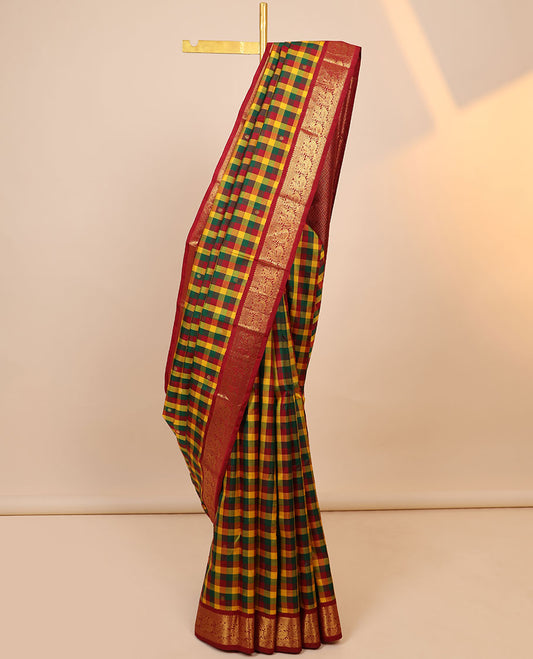 Multi-color checked & butta Kanchipuram silksaree,contrast korvai border of rekku,muthu,mayil,jada nagam & kuyil kann