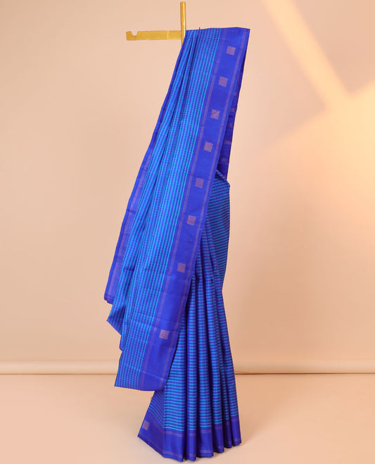 Blue striped silk saree with zari stripes, self-border of stripes & pallu of zari stripes 