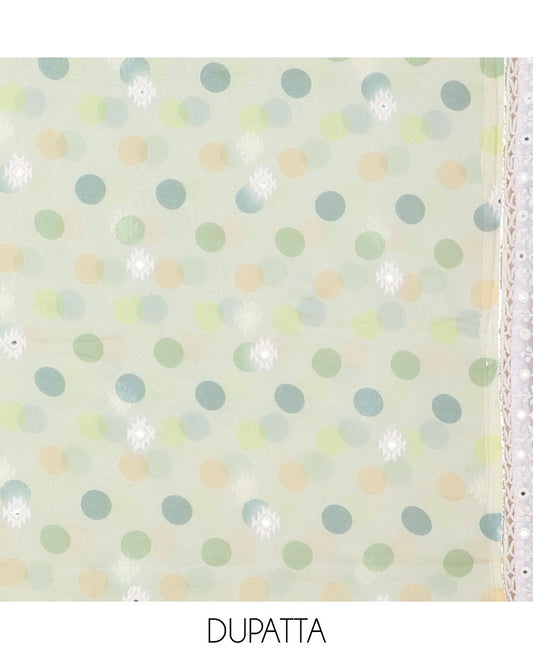 Green chudidhar material set, embroidered & abstract-style print top, plain bottom & polka dots & embroidered dupatta