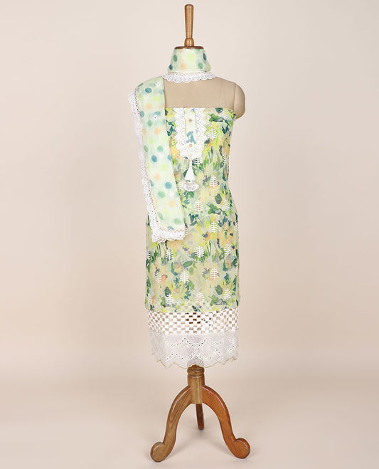 Green chudidhar material set, embroidered & abstract-style print top, plain bottom & polka dots & embroidered dupatta