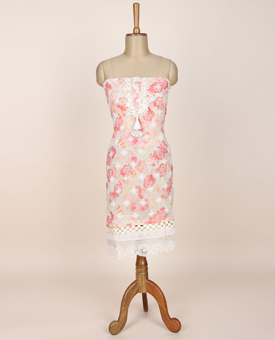 Pink chudidhar material set, embroidered & floral print top, plain bottom & abstract-print & embroidered dupatta