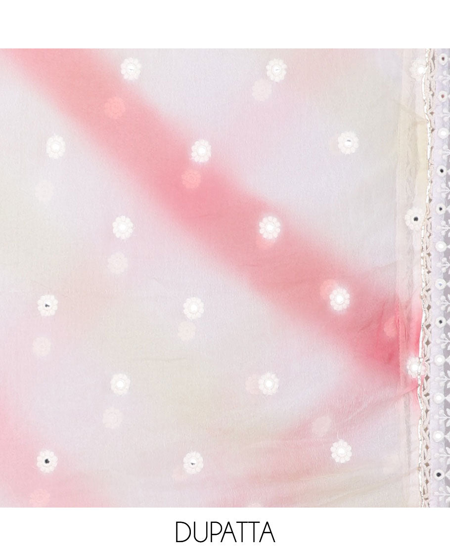 Pink chudidhar material set, embroidered & floral print top, plain bottom & abstract-print & embroidered dupatta