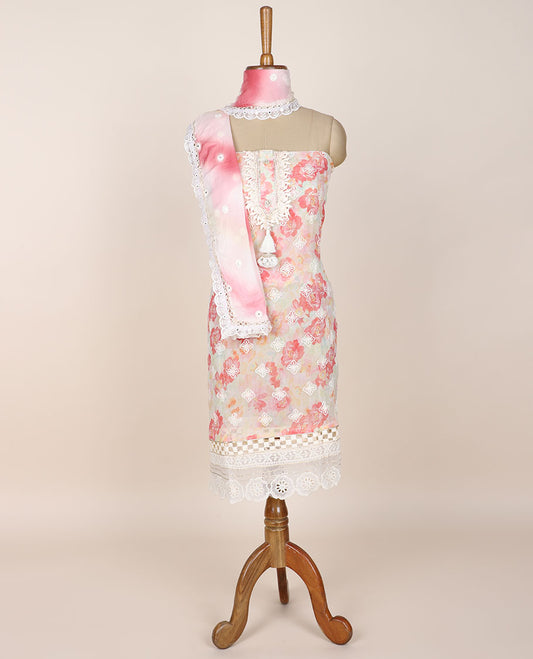 Pink chudidhar material set, embroidered & floral print top, plain bottom & abstract-print & embroidered dupatta