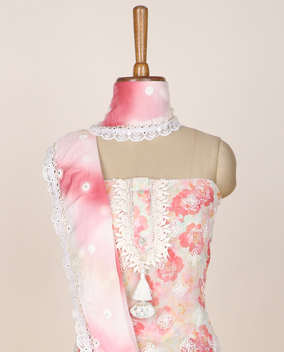 Pink chudidhar material set, embroidered & floral print top, plain bottom & abstract-print & embroidered dupatta