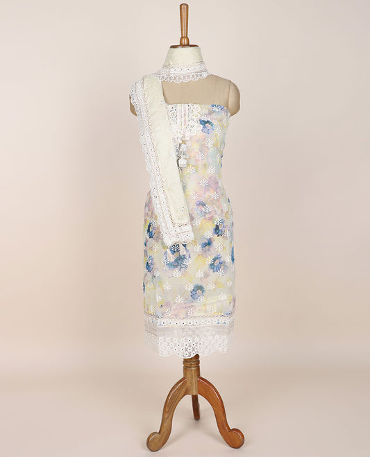 Multi-color chudidhar material set, embroidered & floral print top, plain bottom & floral vine embroidered dupatta