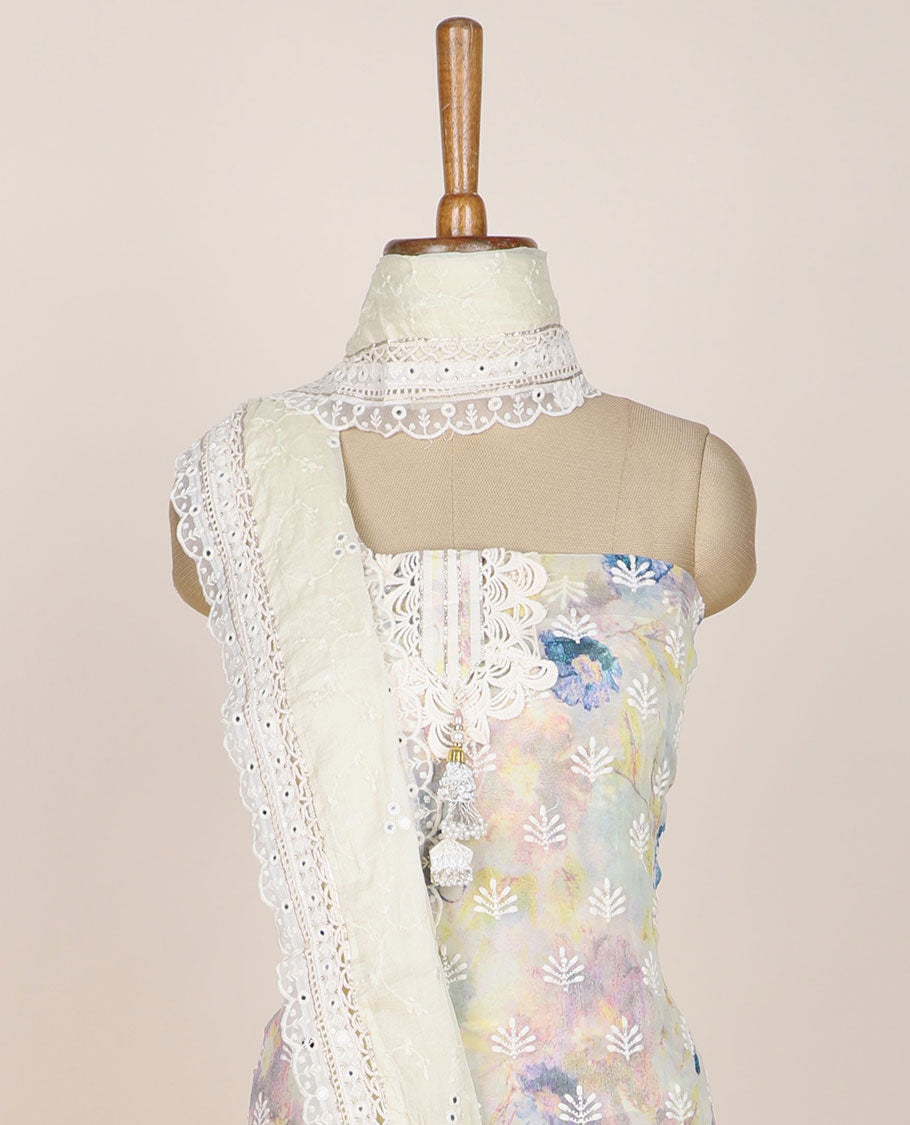 Multi-color chudidhar material set, embroidered & floral print top, plain bottom & floral vine embroidered dupatta