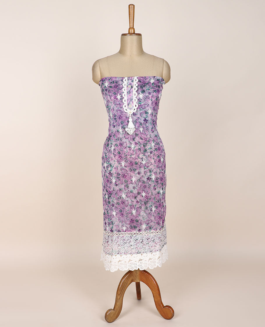 Lavender chudidhar material set, embroidered & floral print top, plain bottom & dupatta of polka dots & embroidery