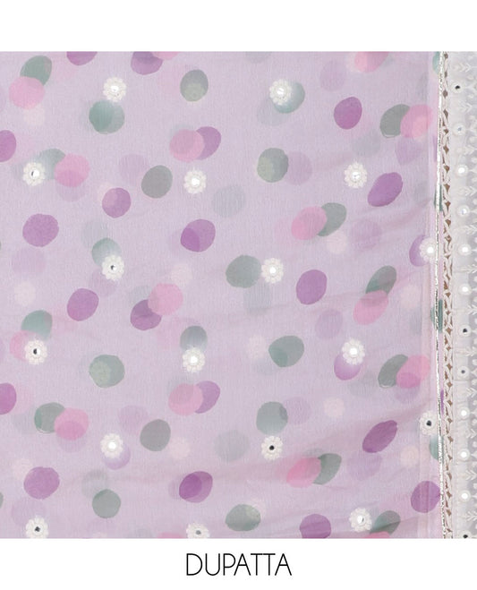 Lavender chudidhar material set, embroidered & floral print top, plain bottom & dupatta of polka dots & embroidery