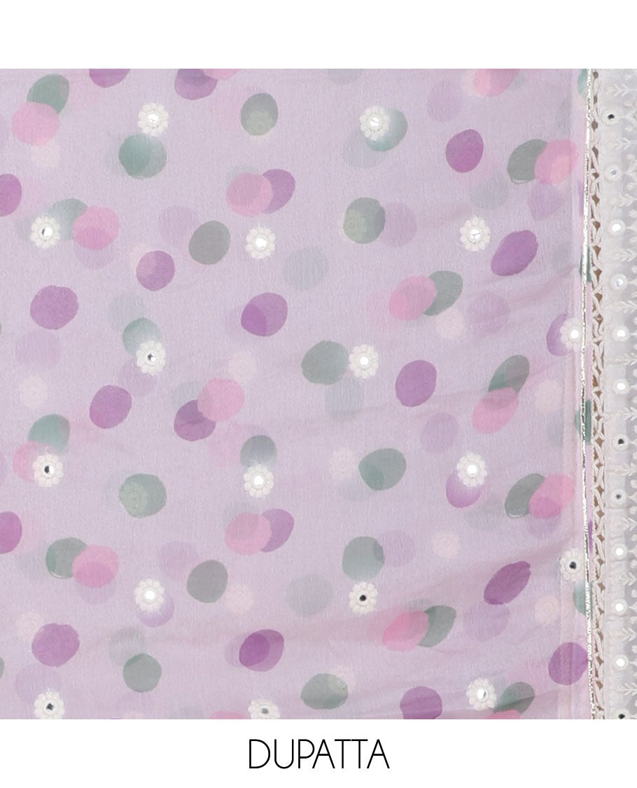 Lavender chudidhar material set, embroidered & floral print top, plain bottom & dupatta of polka dots & embroidery
