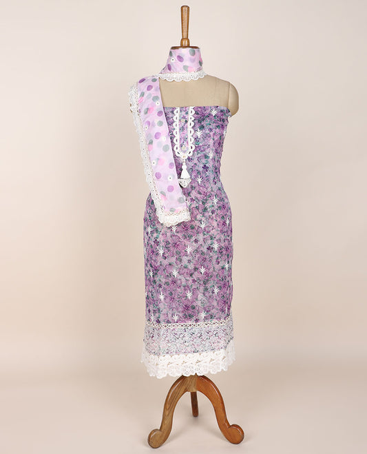 Lavender chudidhar material set, embroidered & floral print top, plain bottom & dupatta of polka dots & embroidery