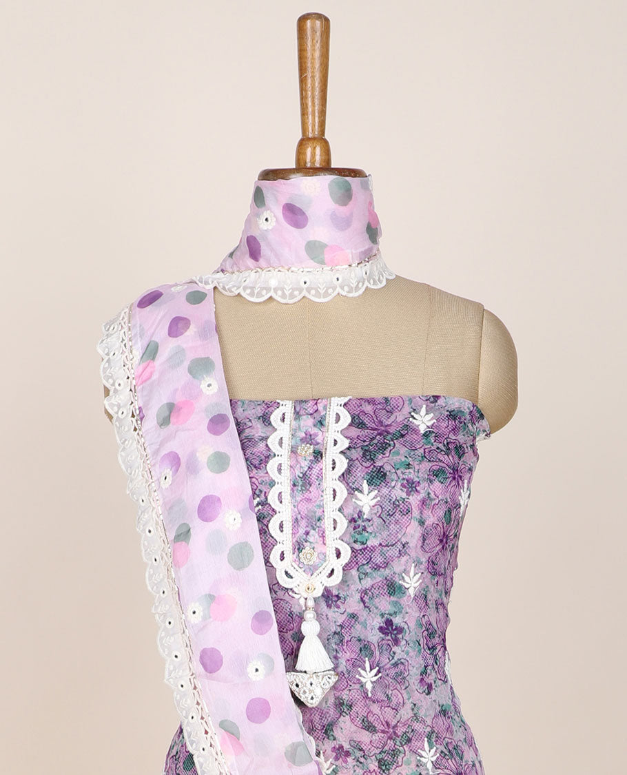 Lavender chudidhar material set, embroidered & floral print top, plain bottom & dupatta of polka dots & embroidery