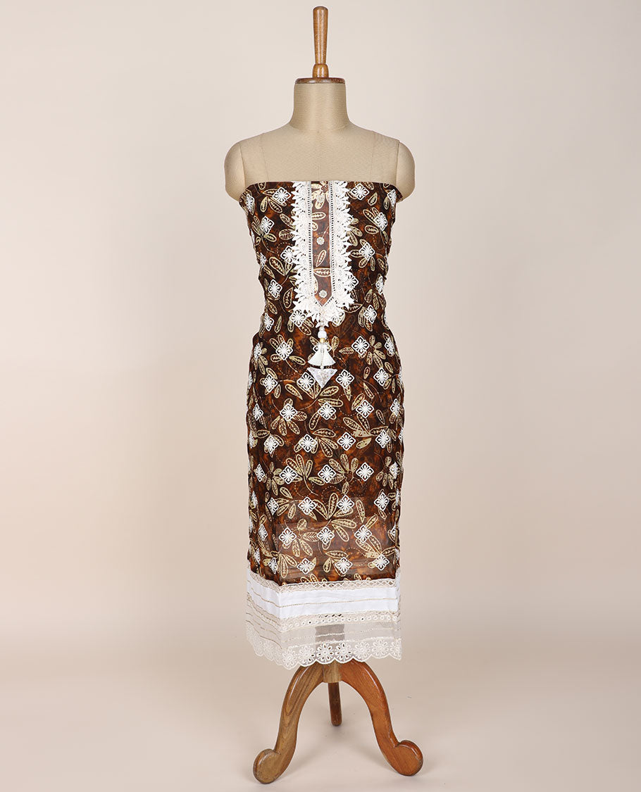Brown chudidhar material set, embroidered & floral-print top, plain bottom & sequins embroidered dupatta 