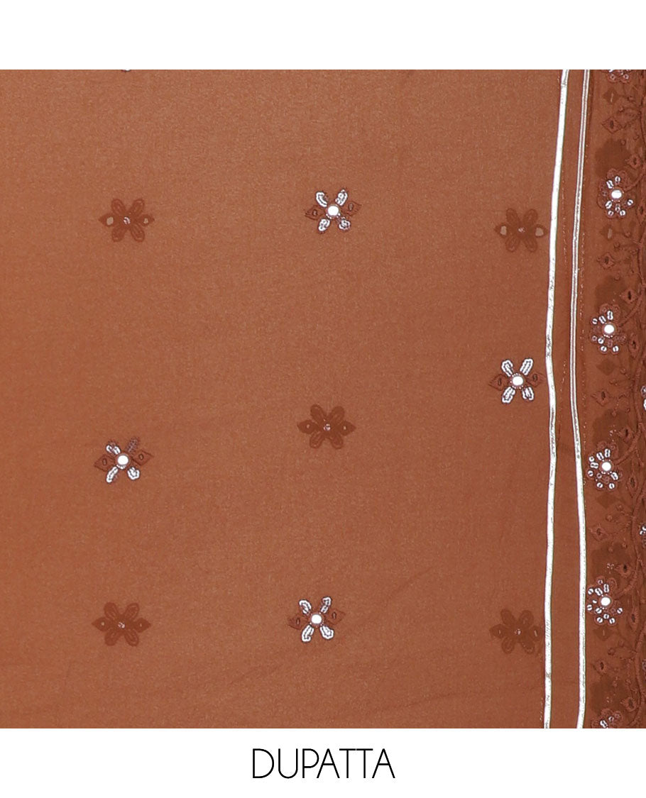 Brown chudidhar material set, embroidered & floral-print top, plain bottom & sequins embroidered dupatta 