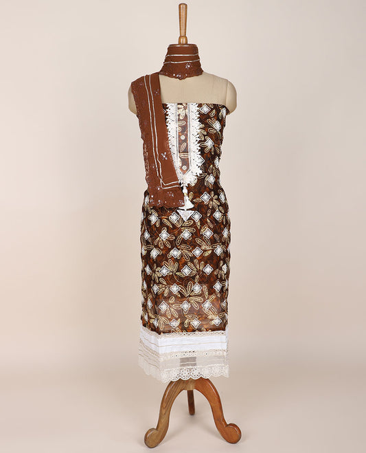 Brown chudidhar material set, embroidered & floral-print top, plain bottom & sequins embroidered dupatta 