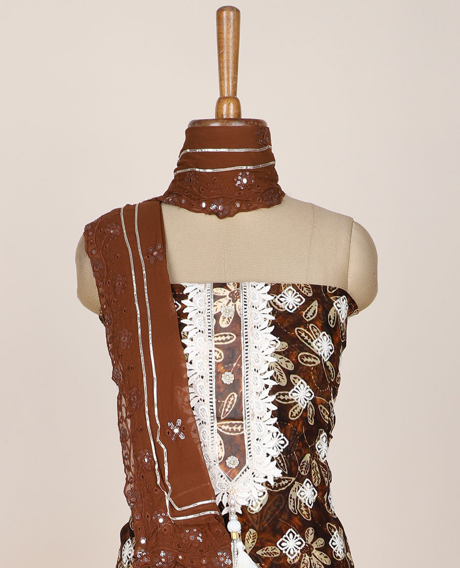Brown chudidhar material set, embroidered & floral-print top, plain bottom & sequins embroidered dupatta 