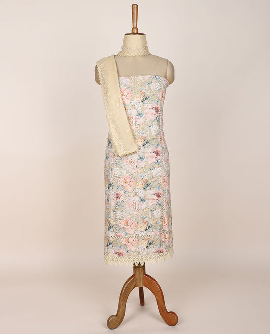 Multi-color chudidhar material set, embroidered & floral-print top, plain bottom & embroidered dupatta