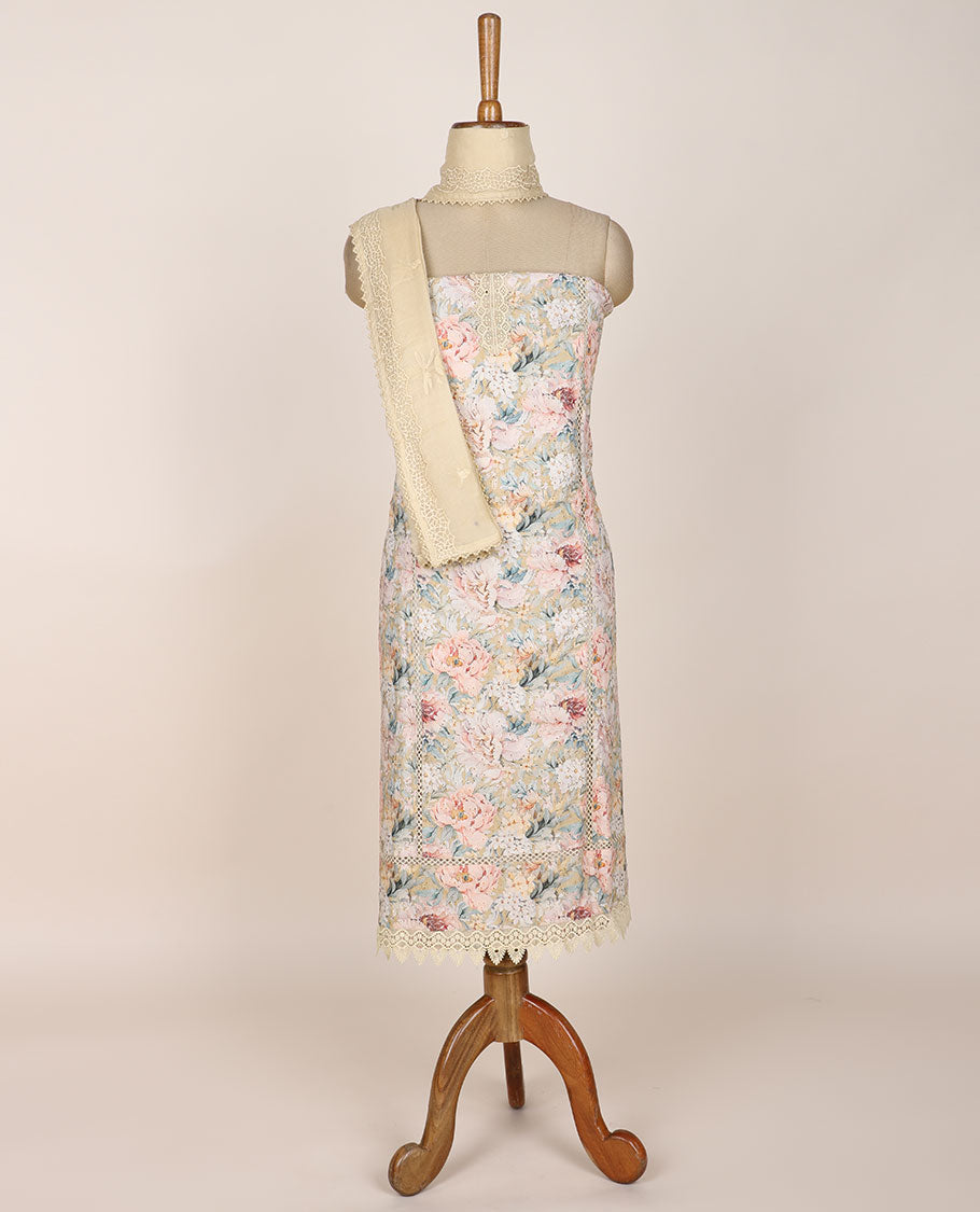Multi-color chudidhar material set, embroidered & floral-print top, plain bottom & embroidered dupatta