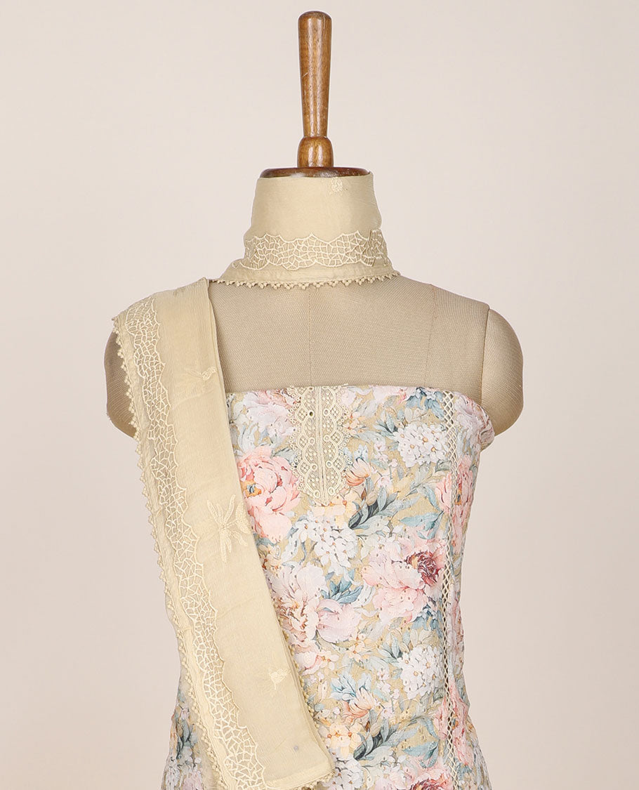 Multi-color chudidhar material set, embroidered & floral-print top, plain bottom & embroidered dupatta