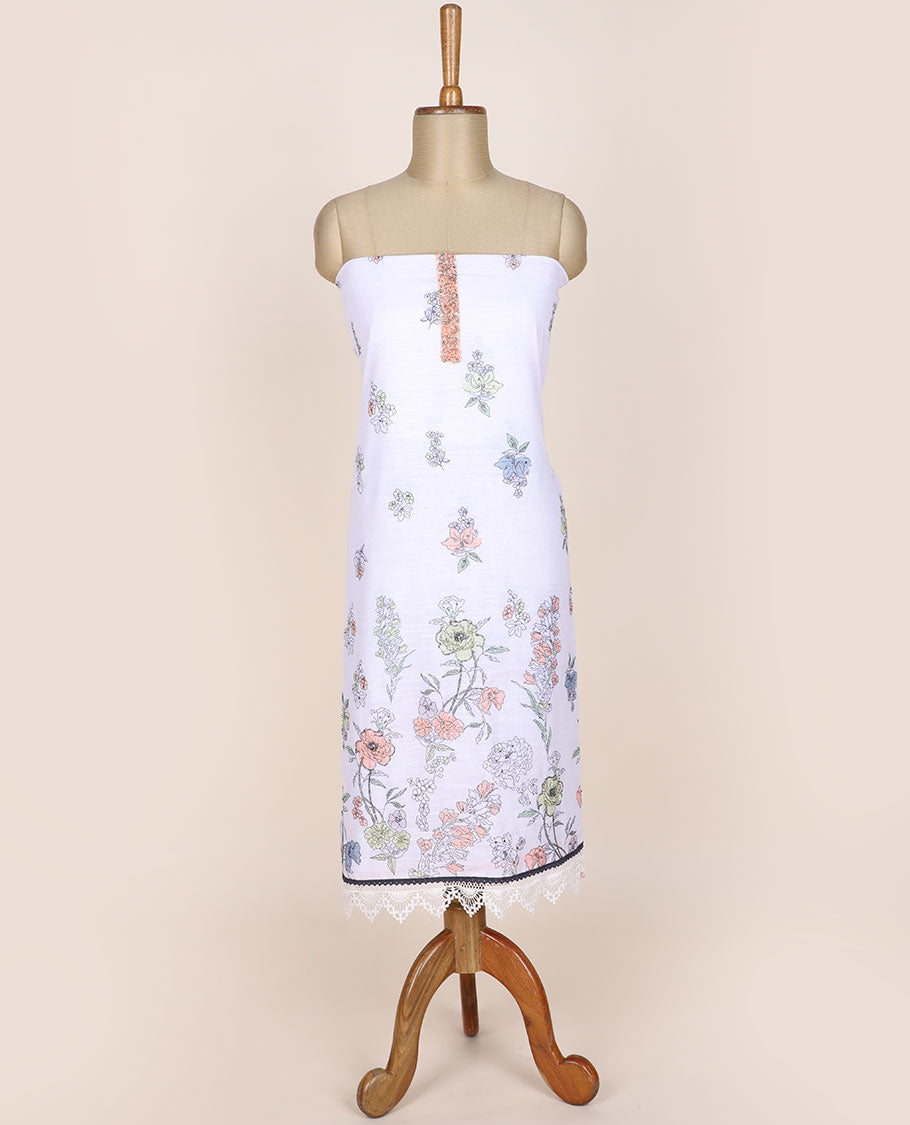 White chudidhar material set, floral motifs & neck embroidered print top, plain bottom & floral motifs print dupatta