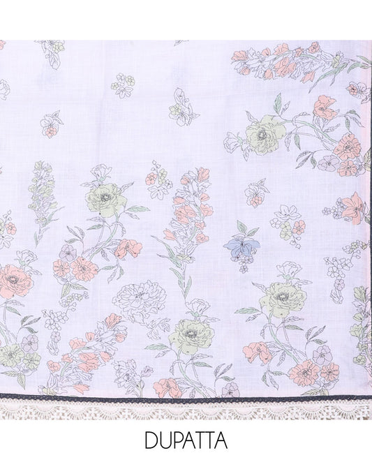 White chudidhar material set, floral motifs & neck embroidered print top, plain bottom & floral motifs print dupatta