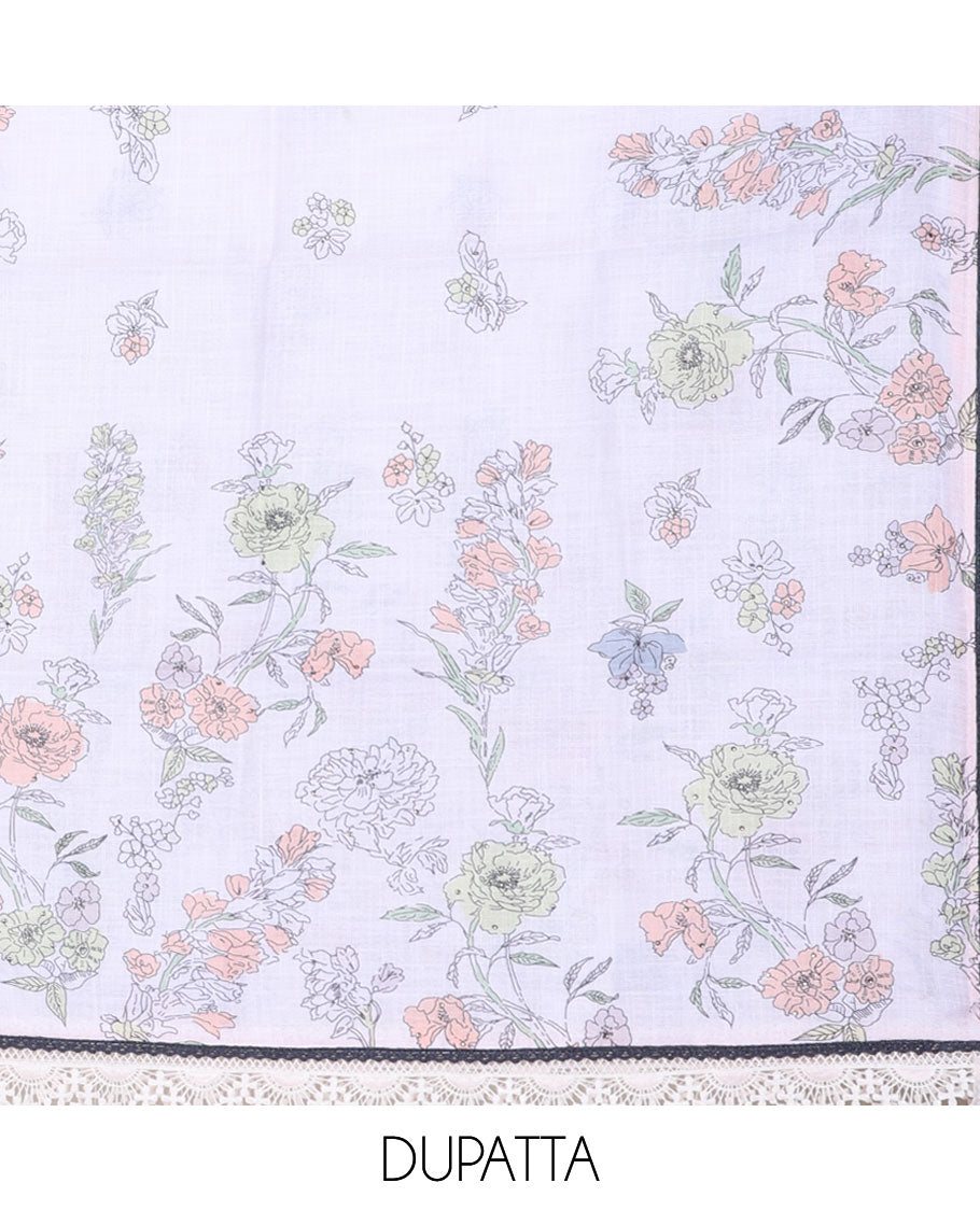White chudidhar material set, floral motifs & neck embroidered print top, plain bottom & floral motifs print dupatta