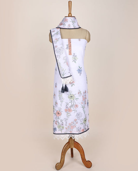 White chudidhar material set, floral motifs & neck embroidered print top, plain bottom & floral motifs print dupatta